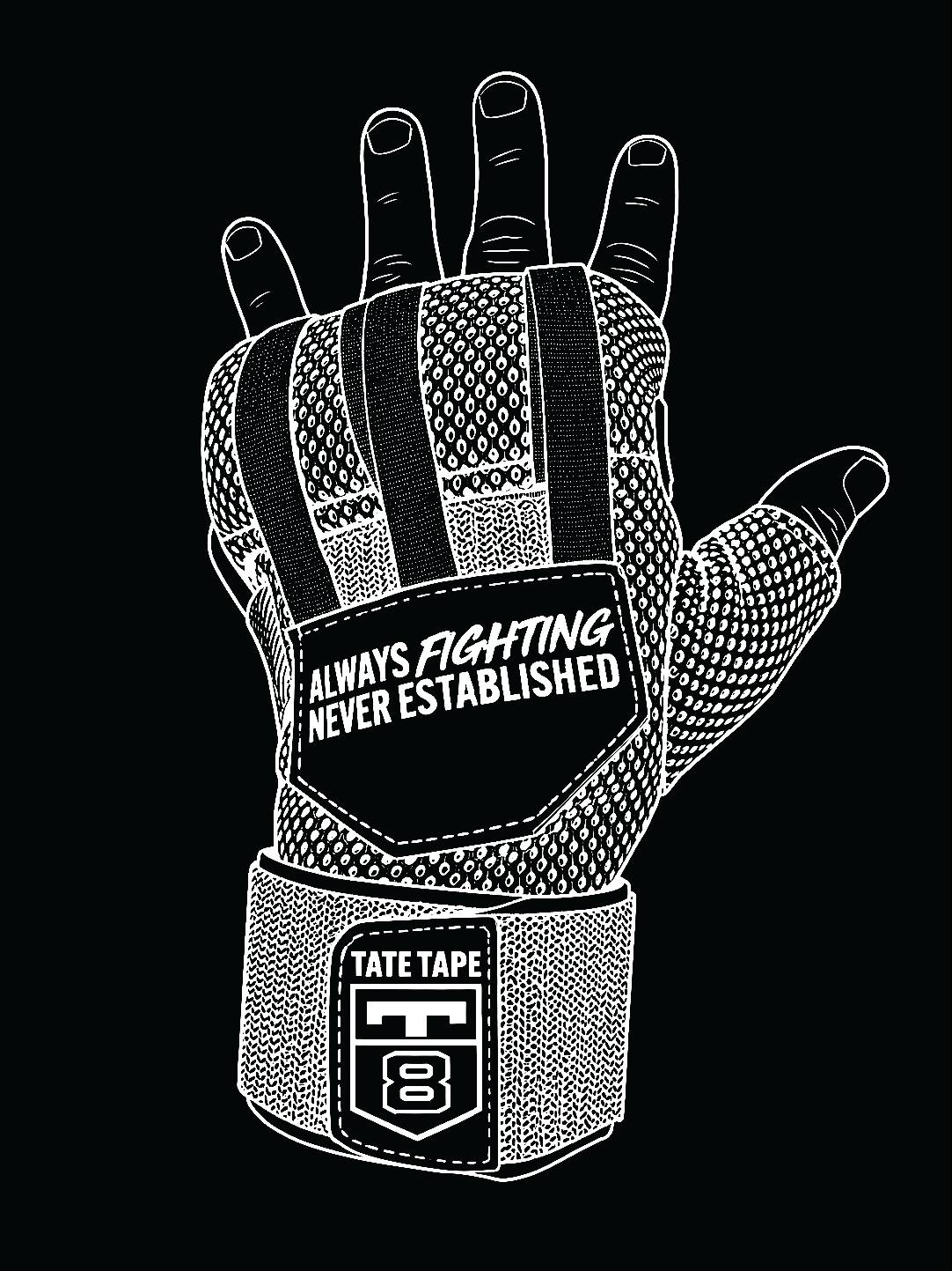 Technical illustration of the Tate Wrap on a hand