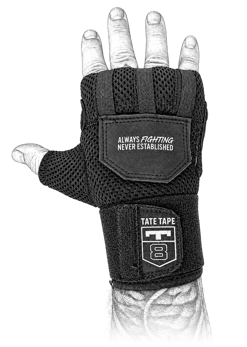 The Tate Wrap from the back of the hand, showing the knuckle padding and Tate Tape patch