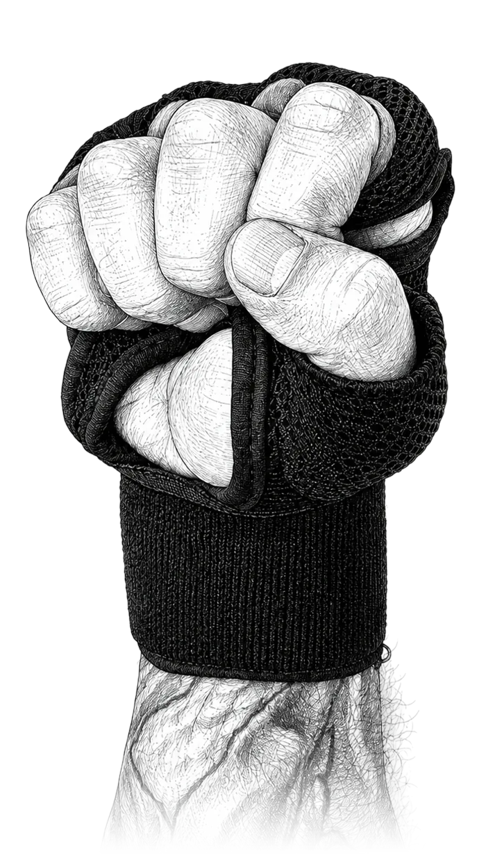 The Tate Wrap on a raised fist, wrist wrap in the foreground